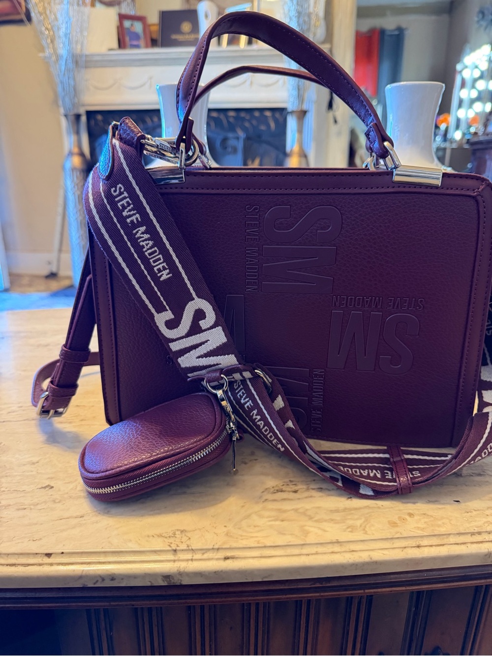 Steve Madden Plum Box Satchel with Logo Strap